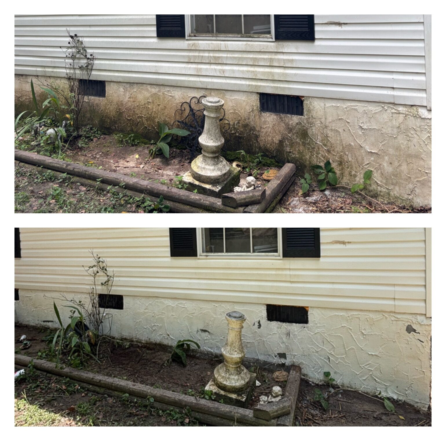 Before and after comparison of house siding and foundation cleaning