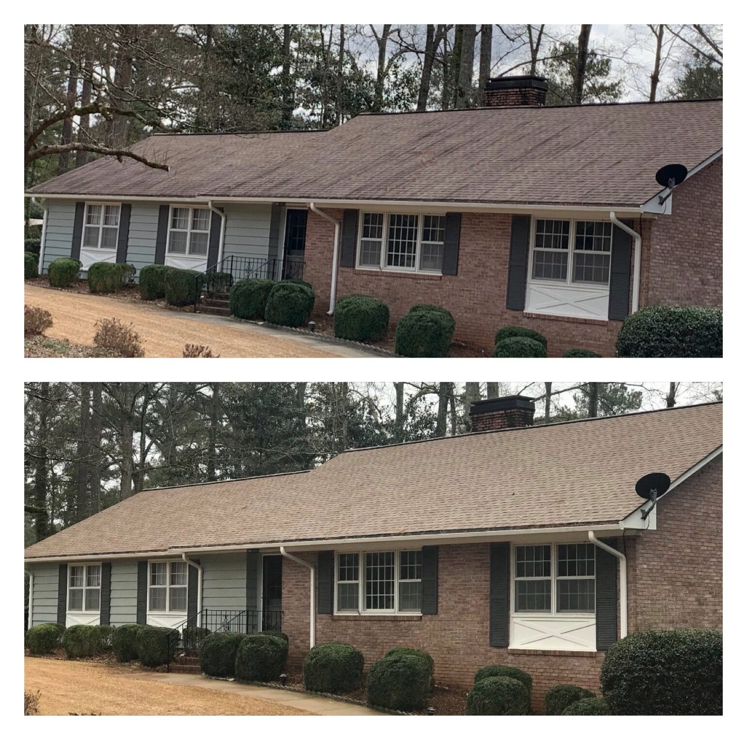 Before-and-after residential roof soft washing